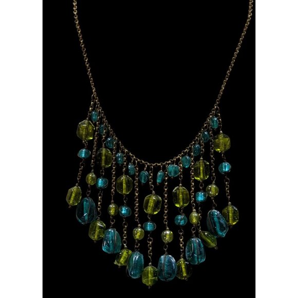 Vintage Bohemian Venetian Art Glass Blue And Green Fringe Ne  Vintage Bohemian Venetian Art Glass Blue And Green Fringe Necklace